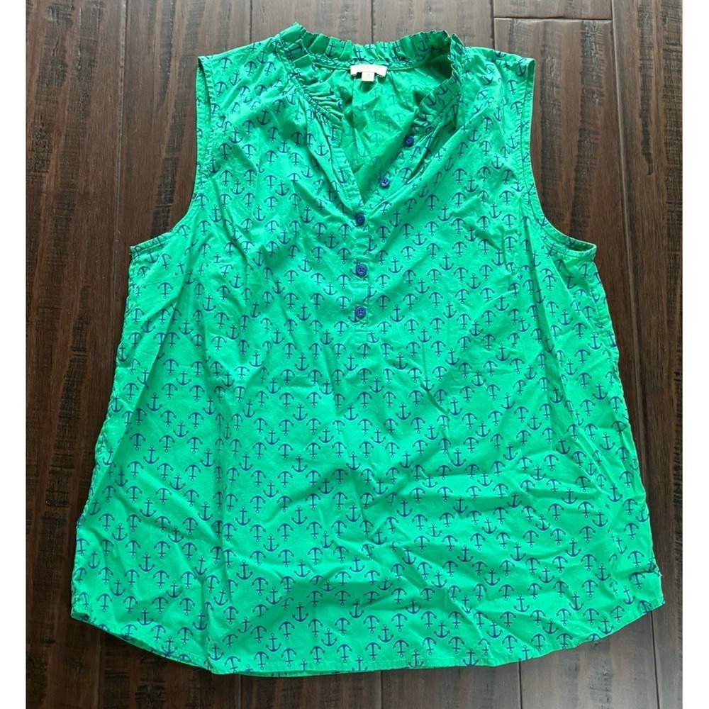 Talbots Top Womens M Green Blue Anchors Sleeveless Nautical Casual Preppy